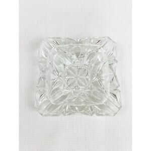 VINTAGE MCM CLEAR CRYSTAL Thick Heavy Glass Square Cigar Ashtray 4 Slot 6.25”